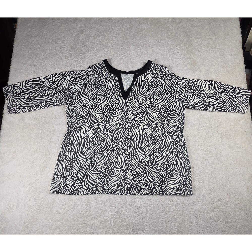 Charter Club Top Women 2X Black White Excellent Animal Print 3/4 Sleeve V-Neck